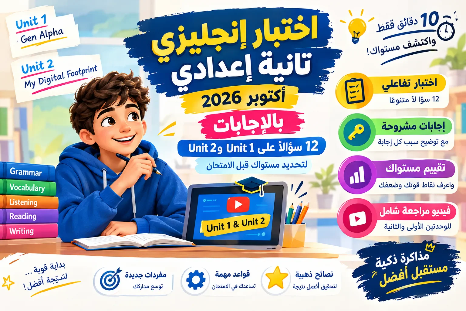 image about اختبار إنجليزي تانية إعدادي أكتوبر 2026 بالإجابات | 12 سؤالًا على Unit 1 وUnit 2 استعدادًا لامتحان الشهر
