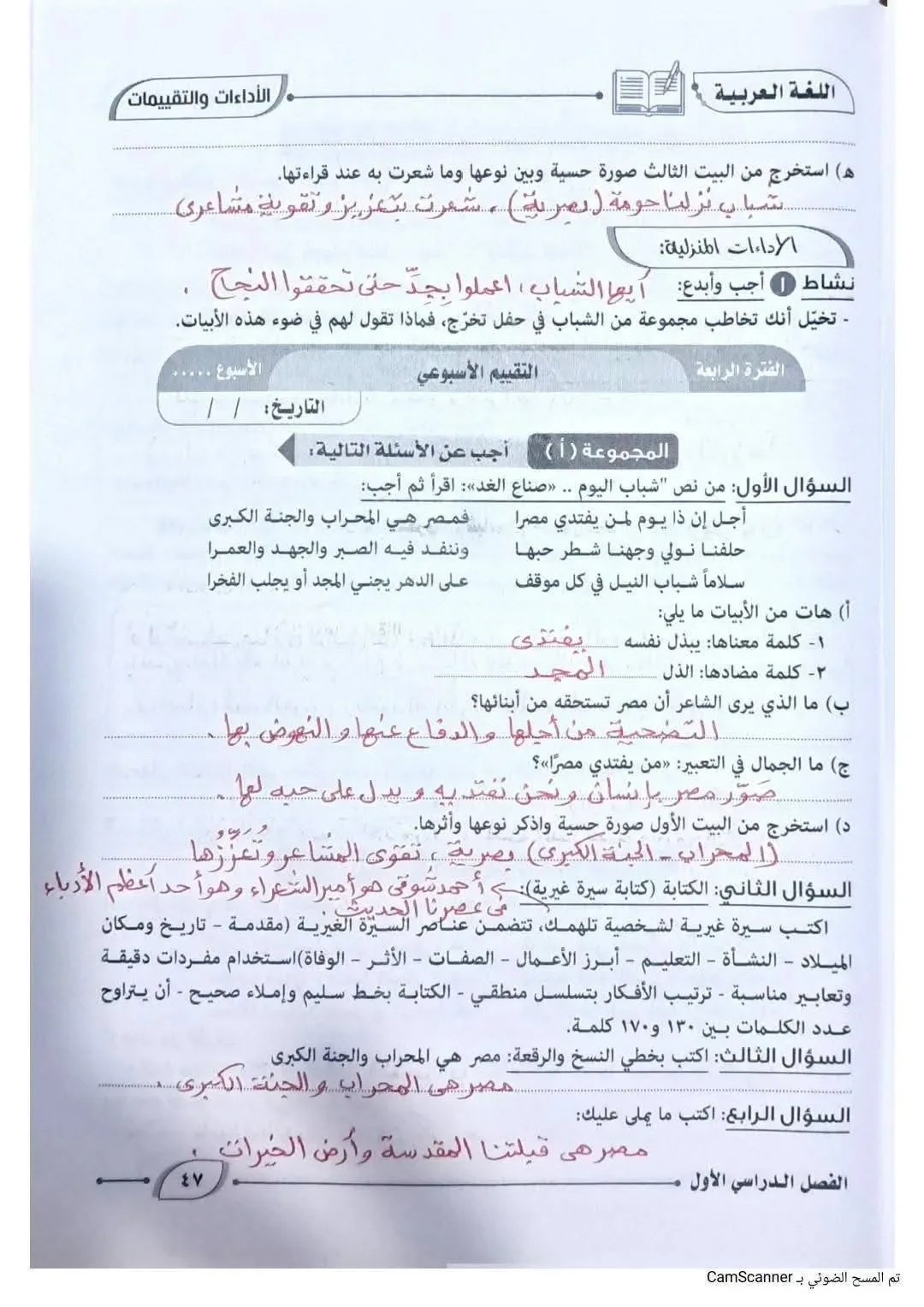 image about حل كتاب التقييمات لغة عربية للصف الأول الإعدادي الترم الأول 2027
