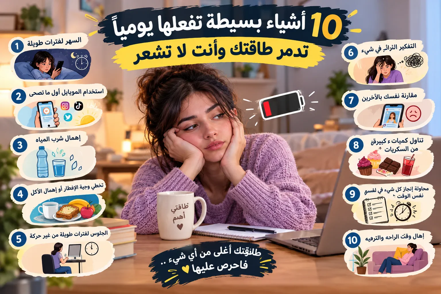 image about 10 أشياء بسيطة تفعلها يومياً تدمر طاقتك وأنت لا تشعر