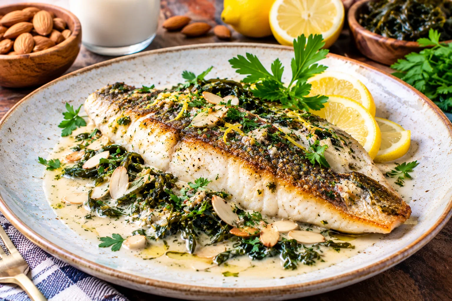 image about 🐟🥥 سمك القاروص بحليب اللوز والأعشاب البحرية - وصفة بحرية راقية بنكهة مميزة