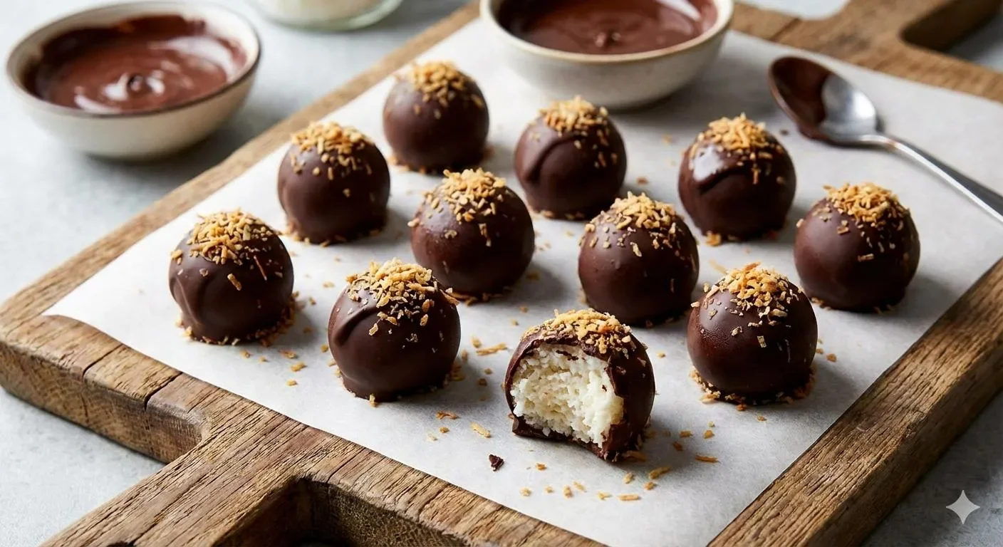 image about طريقة عمل كرات جوز الهند بالشوكولاتة 🍫🥥 حلى سهل بدون فرن بمذاق لا يُقاوم