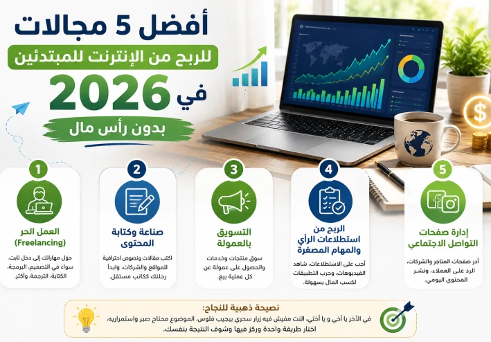 أفضل 5 مجالات للربح من الإنترنت للمبتدئين في 2026 بدون رأس مال
