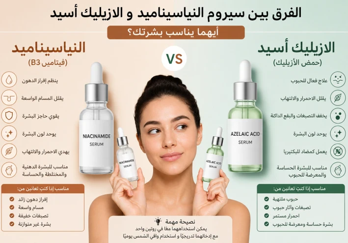الفرق بين سيروم النياسيناميد وسيروم الأزيليك أسيد: أيهما أفضل لبشرتك؟