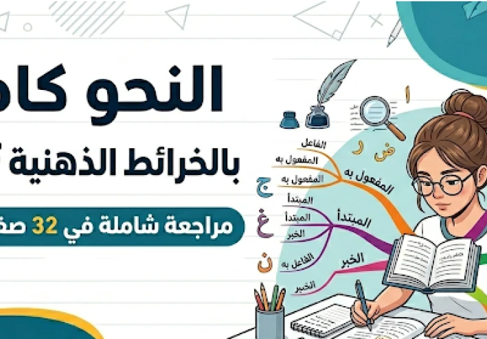 تحميل كتاب النحو كاملًا بالخرائط الذهنية PDF 2026 | مراجعة شاملة لجميع قواعد النحو في 32 صفحة فقط