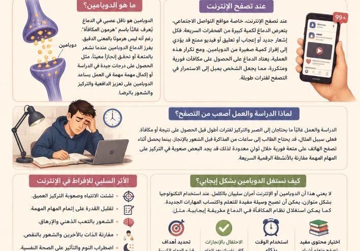 كيف يسرق الدوبامين تركيزك؟ تأثير الإنترنت على الدماغ والدراسة والعمل