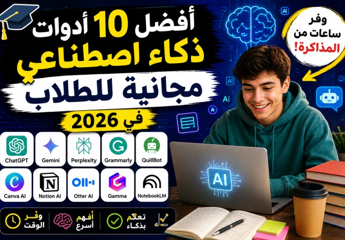 أفضل 10 أدوات ذكاء اصطناعي مجانية للطلاب في 2026 ستوفر عليك ساعات من المذاكرة 📚🚀