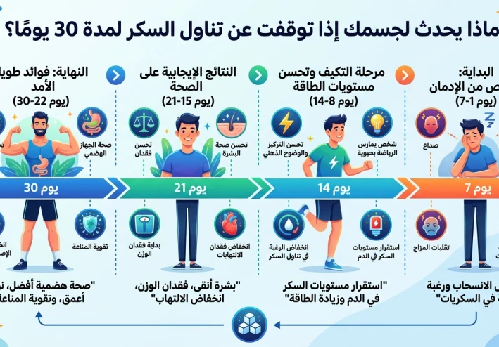 ماذا يحدث لجسمك إذا توقفت عن تناول السكر لمدة 30 يومًا؟ النتائج ستدهشك!