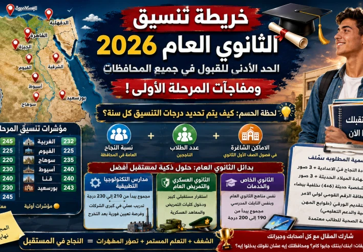🎓 خريطة تنسيق الثانوي العام 2026: الحد الأدنى للقبول في جميع المحافظات ومفاجآت المرحلة الأولى! 📜❌