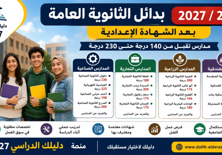 بدائل الثانوية العامة 2026-2027 بعد الإعدادية | مدارس تقبل من 140 إلى 230 درجة ومستقبلها الوظيفي