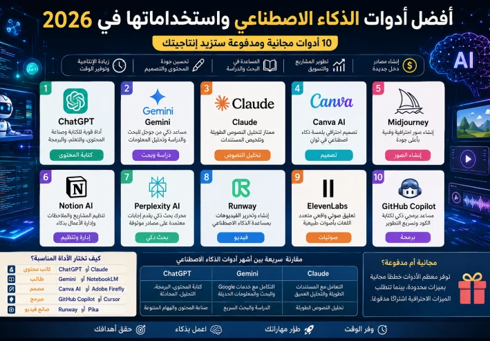 أفضل أدوات الذكاء الاصطناعي في 2026: 10 أدوات مجانية ومدفوعة لزيادة إنتاجيتك (دليل شامل)