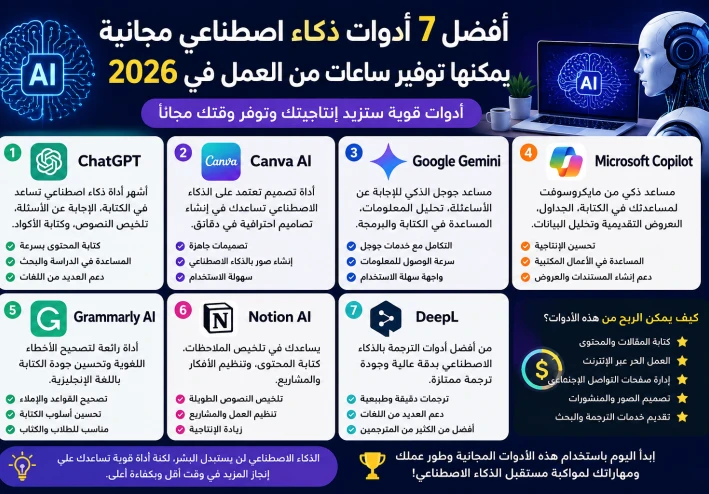 أفضل 7 أدوات ذكاء اصطناعي مجانية يمكنها توفير ساعات من العمل في 2026