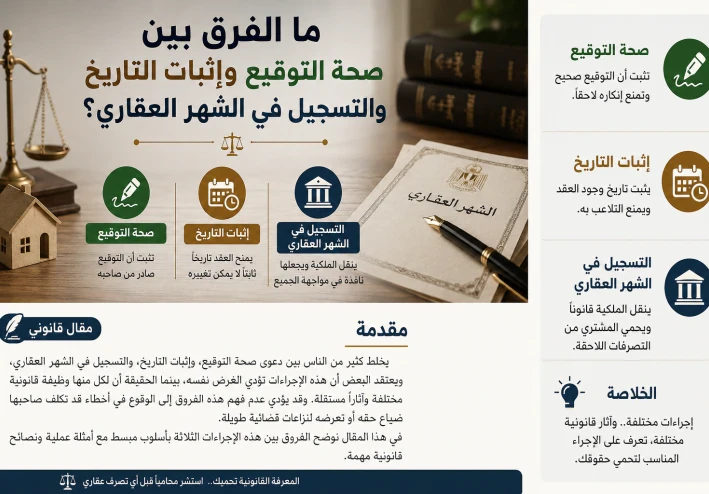 ما الفرق بين صحة التوقيع وأثبات التاريخ والتسجيل في الشهر العقاري؟