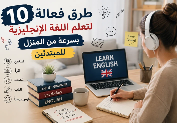 10 طرق فعالة لتعلم اللغة الإنجليزية بسرعة من المنزل للمبتدئين | دليل شامل 2026