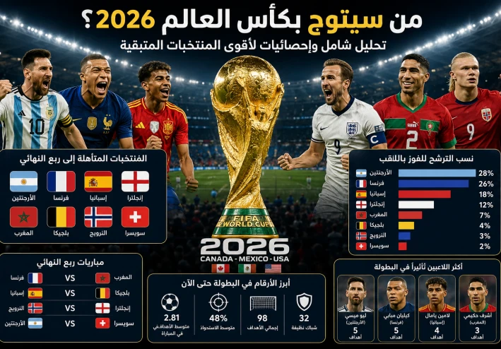 من سيتوج بكأس العالم 2026؟ تحليل وإحصائيات لأقوى المنتخبات المتبقية