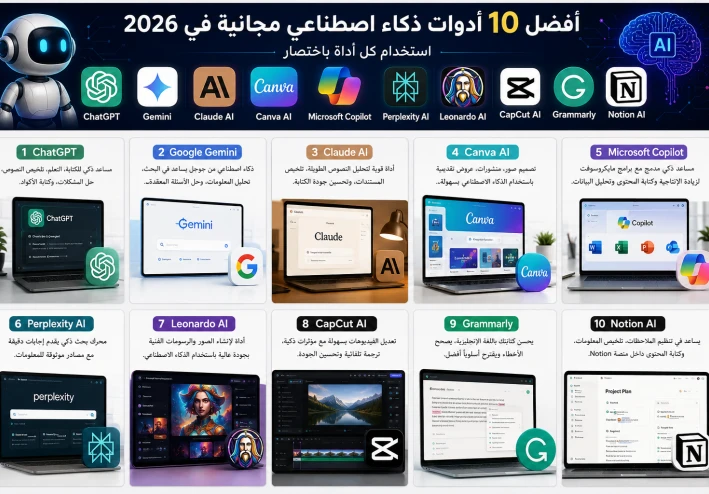 أفضل 10 أدوات ذكاء اصطناعي مجانية في 2026 واستخدام كل أداة
