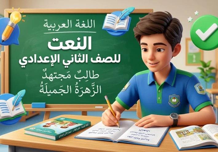 النعت في اللغة العربية للصف الثاني الإعدادي: أنواعه وإعرابه مع أمثلة سهلة وتمارين تطبيقية