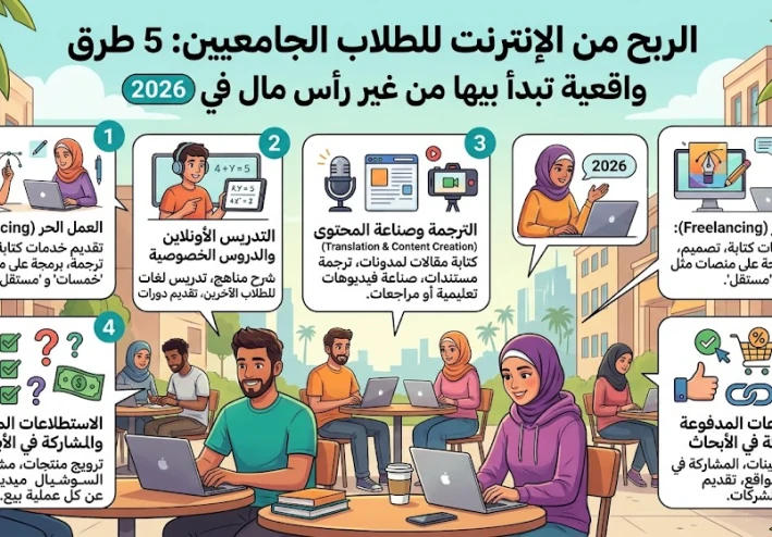 الربح من الإنترنت للطلاب الجامعيين: 5 طرق واقعية تبدأ بيها من غير رأس مال في 2026