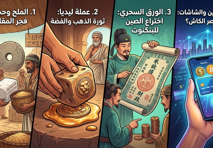 رحلة عبر الزمن: كيف تحول "الملح" إلى أرقام على شاشتك؟ (قصة المال كما لم تسمعها من قبل!)