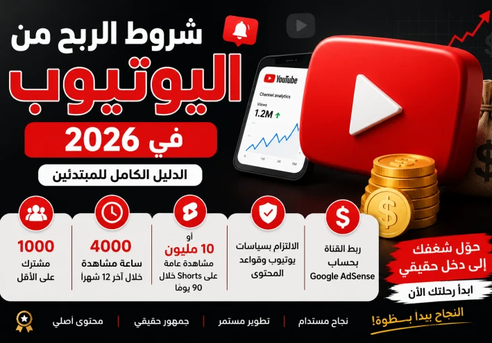 شروط الربح من اليوتيوب في 2026: الدليل الكامل للمبتدئين