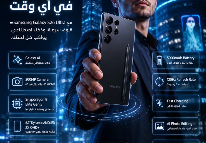 Samsung Galaxy S26 Ultra.. أقوى هاتف رائد من سامسونج في 2026 بمواصفات استثنائية وذكاء اصطناعي متطور