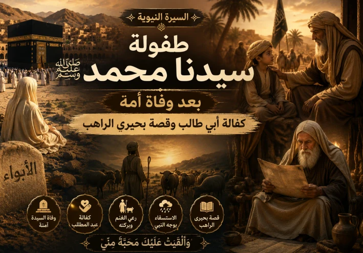 طفولة سيدنا محمد ﷺ بعد وفاة أمه.. كفالة أبي طالب وقصة بحيرى الراهب
