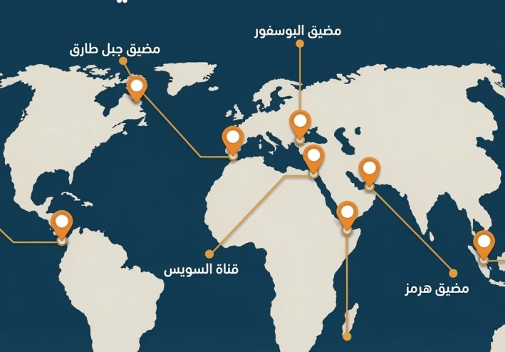 •	أهم المضائق البحرية في العالم وأهمية كل منفذ بحري في التجارة العالمية ونقل النفط .يوجد اكثر من هرمز.
