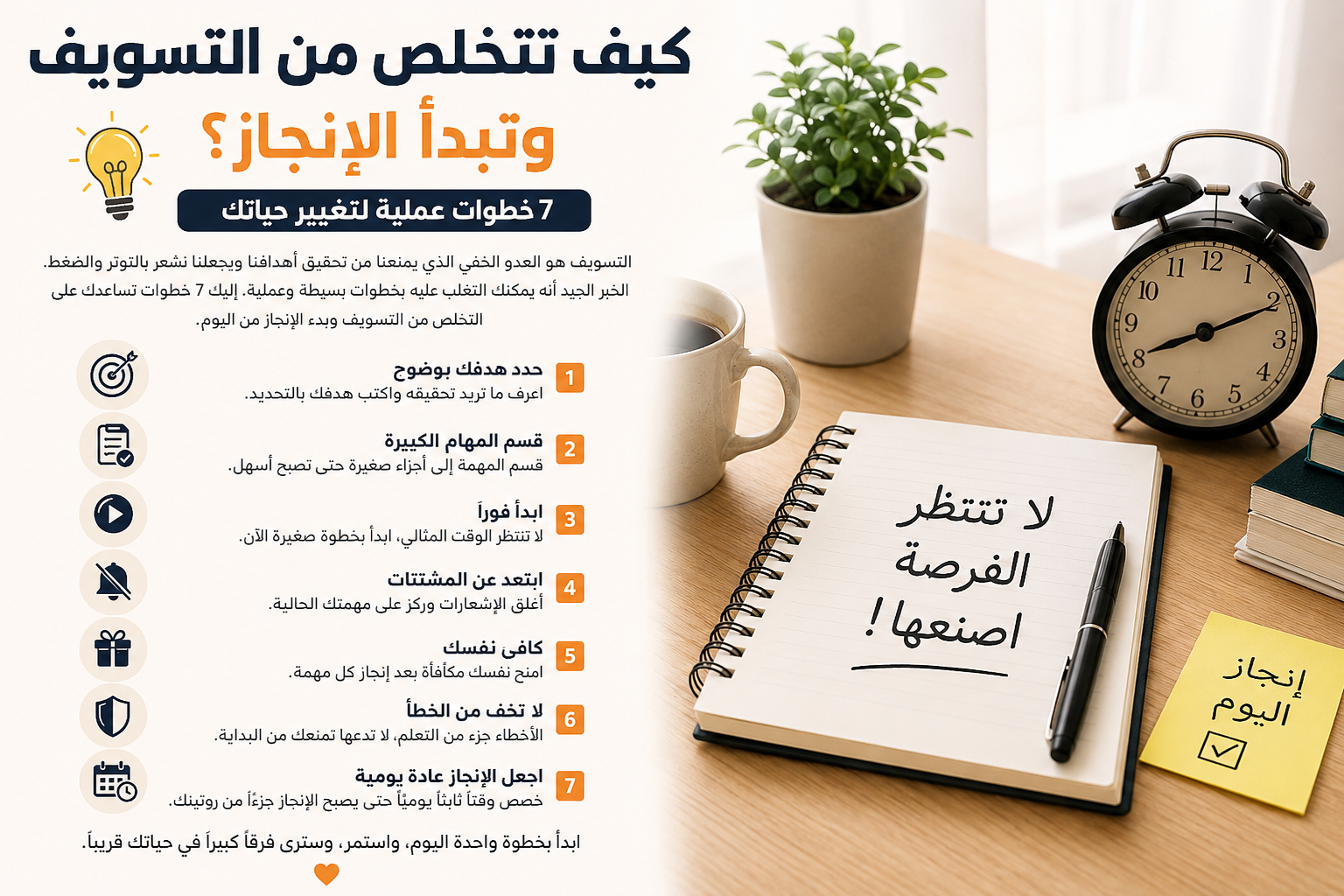 وداعًا للتسويف.. 7 خطوات عملية ستغير طريقة إنجازك للمهام