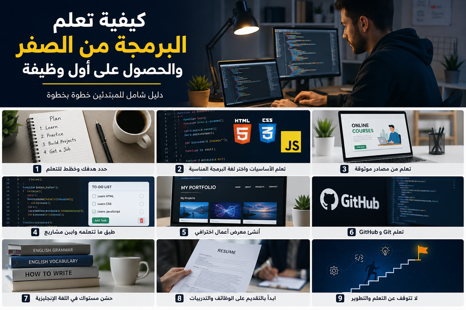 صورة مقال كيفية تعلم البرمجة من الصفر والحصول على أول وظيفة في 2026 (دليل شامل للمبتدئين)