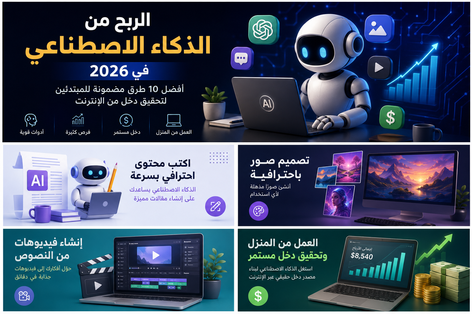 صورة مقال الربح من الذكاء الاصطناعي في 2026: أفضل 10 طرق مضمونة للمبتدئين لتحقيق دخل من الإنترنت