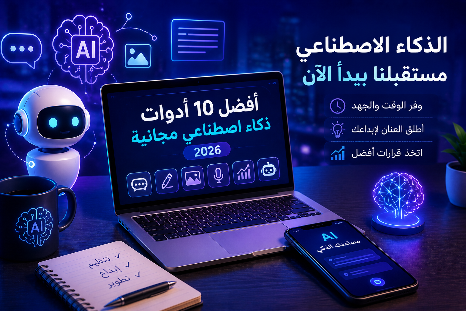 صورة مقال "أفضل 10 أدوات ذكاء اصطناعي مجانية في 2026 ستوفر عليك ساعات من العمل"