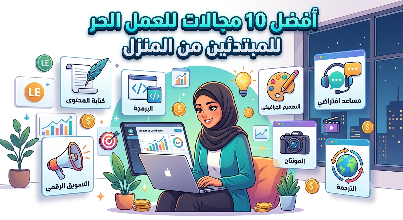 صورة مقال أفضل 10 مجالات للعمل الحر (Freelancing) للمبتدئين من المنزل في 2026