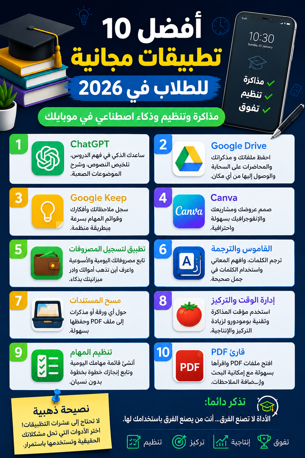 صورة مقال أفضل 10 تطبيقات مجانية للطلاب في 2026.. مذاكرة وتنظيم وذكاء اصطناعي في موبايلك