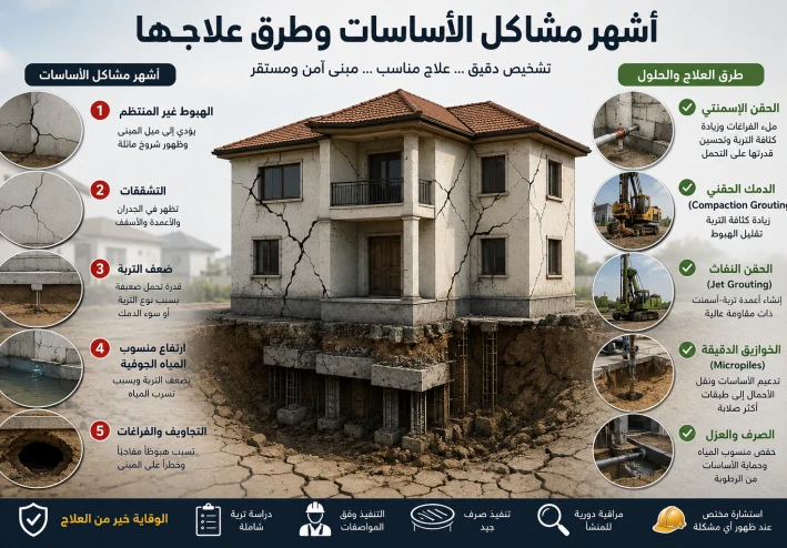 اشهر مشاكل الاساسات وطرق علاجها