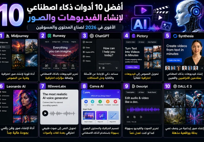 أفضل 10 أدوات ذكاء اصطناعي في 2026 لإنشاء الفيديوهات والصور وزيادة إنتاجيتك