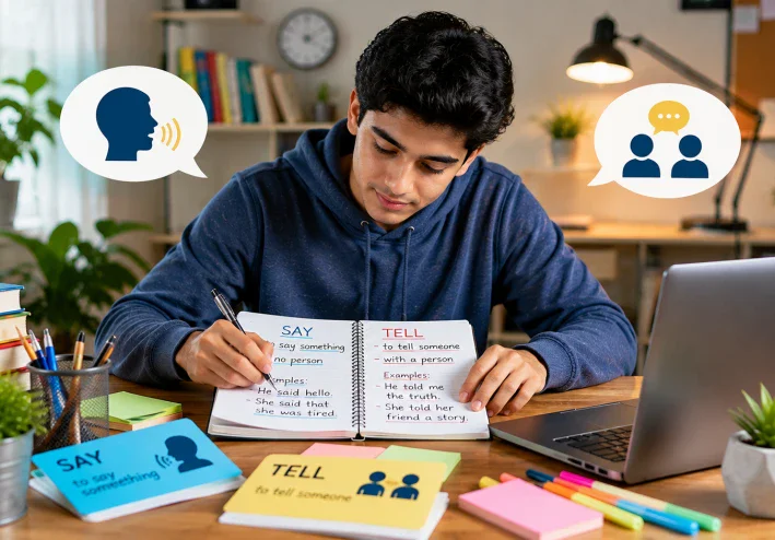 🔥 الفرق بين Say و Tell في الإنجليزية؟ شرح بسيط مع أمثلة لن تنساها