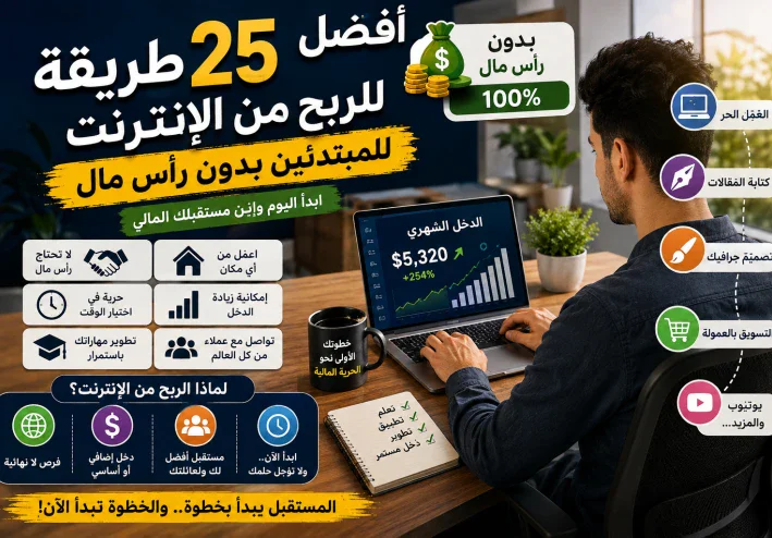 أفضل 25 طريقة مضمونة للربح من الإنترنت في 2026 للمبتدئين بدون رأس مال