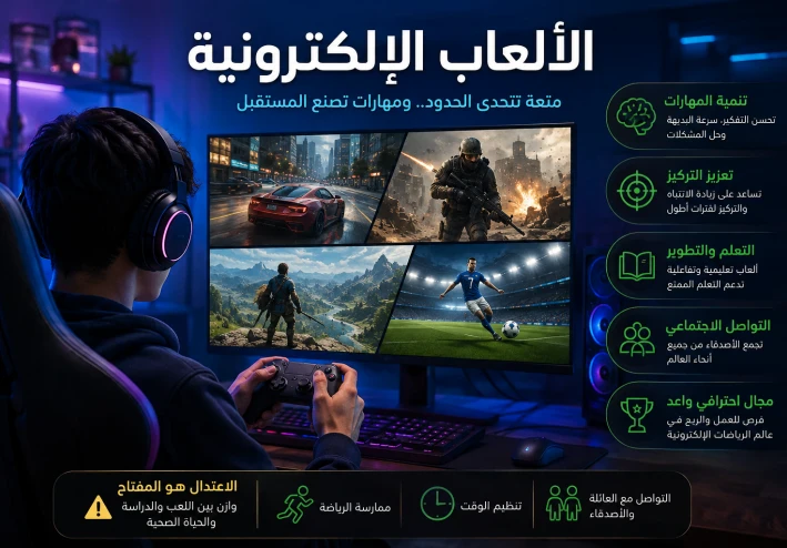 عرف على فوائد وأضرار الألعاب الإلكترونية، وأشهر أنواعها، وتأثيرها على الصحة والتعليم والرياضات الإلكترونية، مع نصائح لتحقيق التوازن والاستفادة منها.