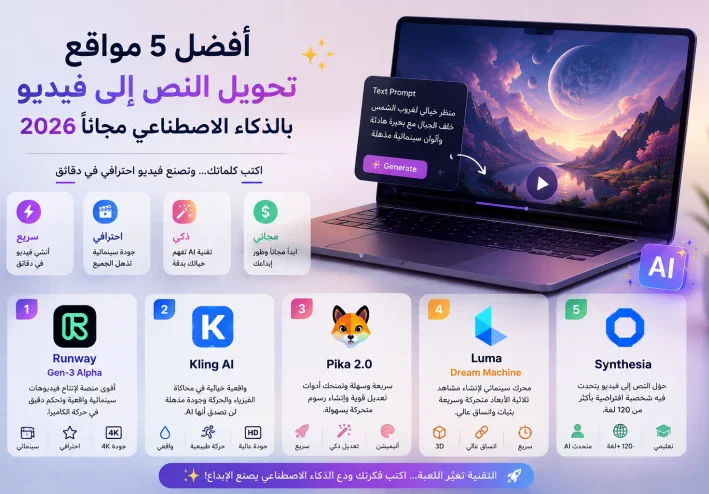 أفضل 5 مواقع تحويل النص إلى فيديو بالذكاء الاصطناعي مجانًا 2026 | اصنع فيديو احترافي في دقائق