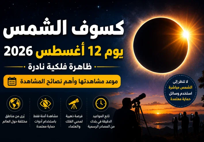 كسوف الشمس يوم 12 أغسطس 2026.. ظاهرة فلكية نادرة وموعد مشاهدتها وأهم نصائح المشاهدة