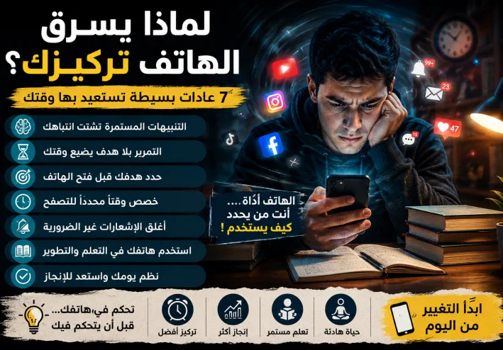 لماذا يسرق الهاتف تركيزك؟ 7 عادات بسيطة تستعيد بها وقتك