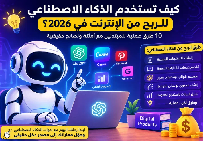 كيف تستخدم الذكاء الاصطناعي للربح من الإنترنت في 2026؟ 10 طرق عملية للمبتدئين