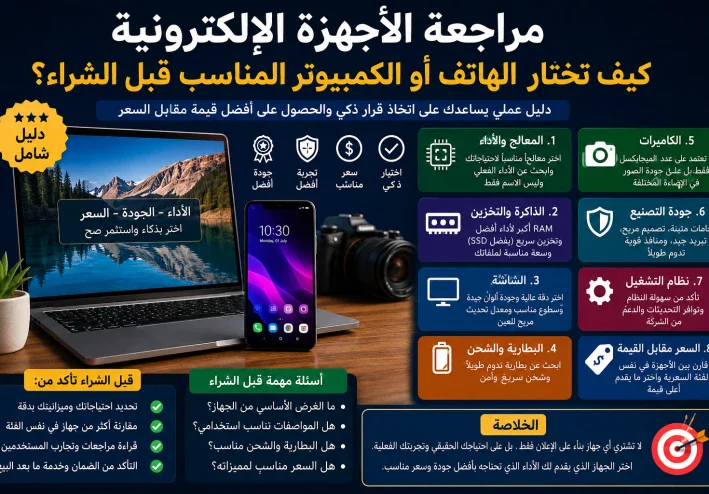 مراجعة الأجهزة الإلكترونية: كيف تختار الهاتف أو الكمبيوتر المناسب قبل الشراء؟