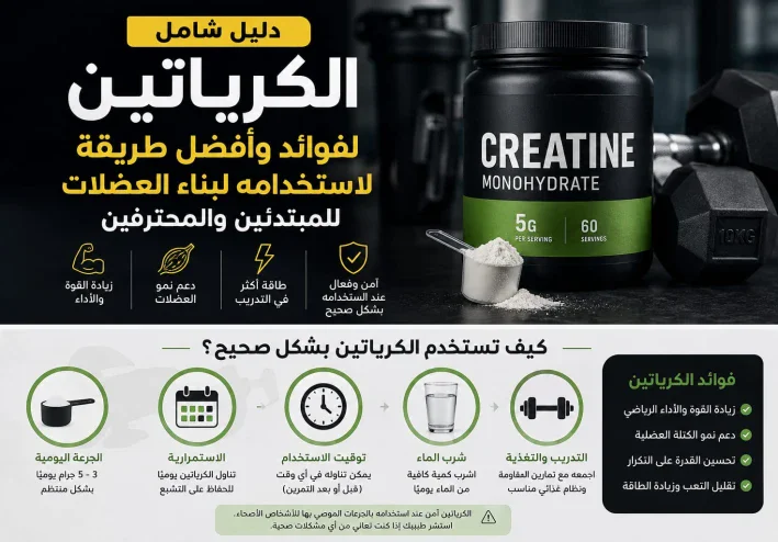 الكرياتين لبناء العضلات: فوائده وطريقة استخدامه الصحيحة للمبتدئين والمحترفين