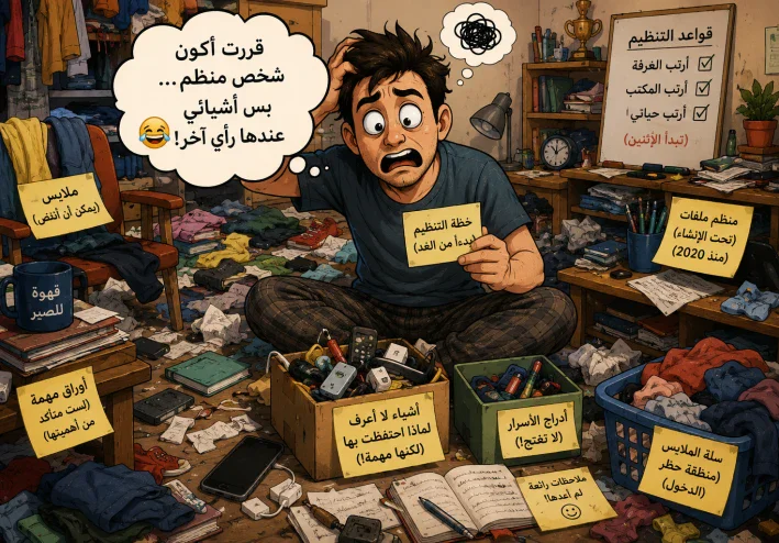 عندما قررت أن أكون شخصًا منظمًا… فبحثت عن أغراضي ساعتين! 😂