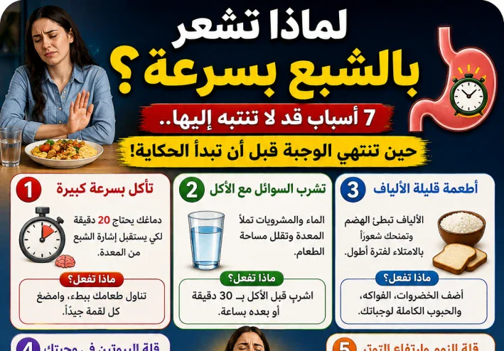 لماذا تشعر بالشبع بسرعة؟ 7 أسباب قد لا تنتبه إليها.. حين تنتهي الوجبة قبل أن تبدأ الحكاية!