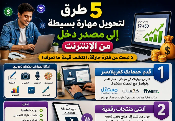 5 طرق لتحويل مهارة بسيطة إلى مصدر دخل من الإنترنت.. لا تبحث عن فكرة خارقة، اكتشف قيمة ما تعرفه!