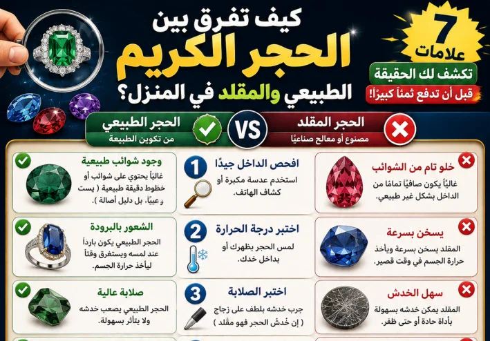 كيف تفرق بين الحجر الكريم الطبيعي والمقلد في المنزل؟ 7 علامات تكشف لك الحقيقة قبل أن تدفع ثمنًا كبيرًا!