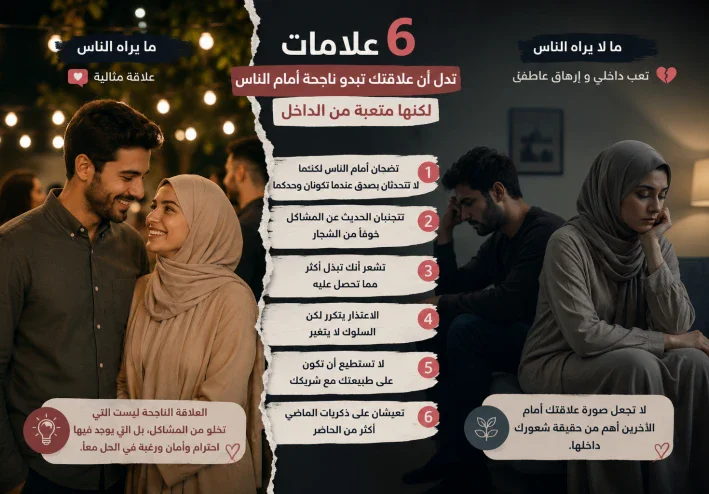 💔 6 علامات تدل أن علاقتك تبدو ناجحة أمام الناس لكنها متعبة من الداخل