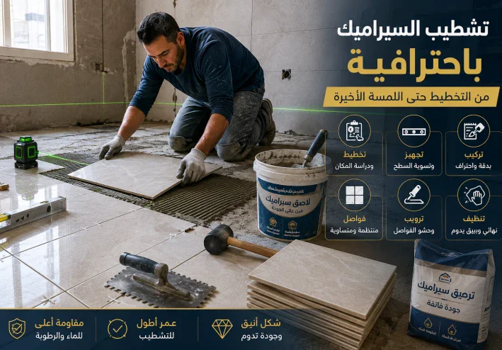 تشطيب السيراميك باحتراف من البداية للنهاية: دليل شامل لتركيب سيراميك الأرضيات والحوائط واختيار الخامات وضبط الميول والفو