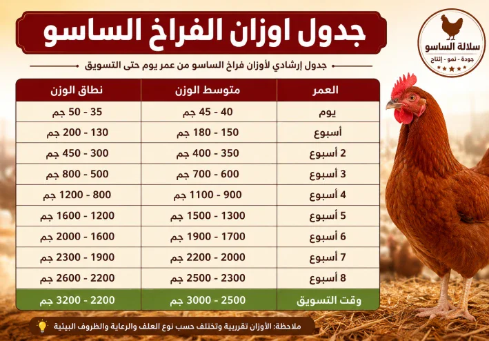 جدول أوزان الفراخ الساسو